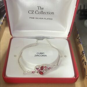CZ COLLECTION Silver Plated Heart Design Bracelet with Red and Pink Stones